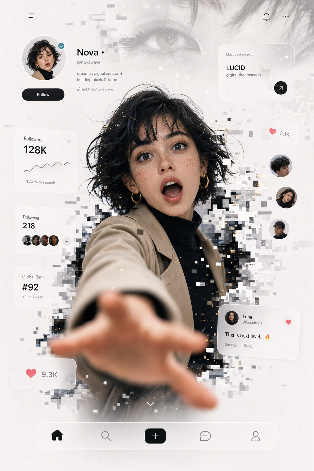 A futuristic social media profile UI in a clean white minima