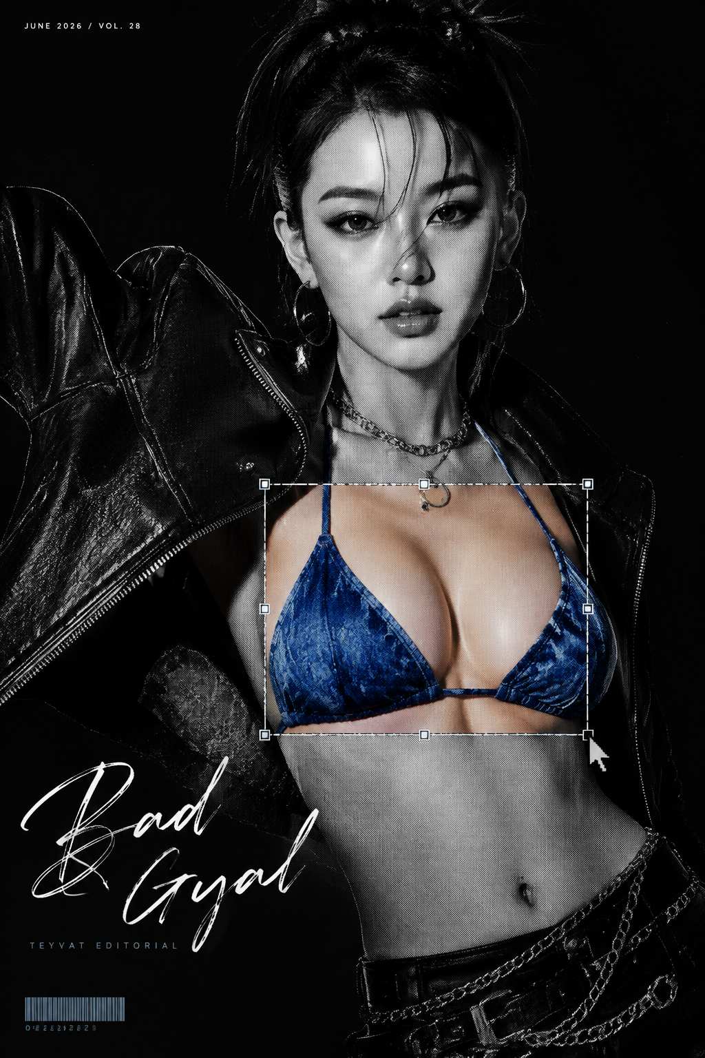 生成一张竖版 9:16 的editorial 杂志海报。
画面逻辑:
这是一张极简时尚杂志海报。整张画面除胸部选框内部