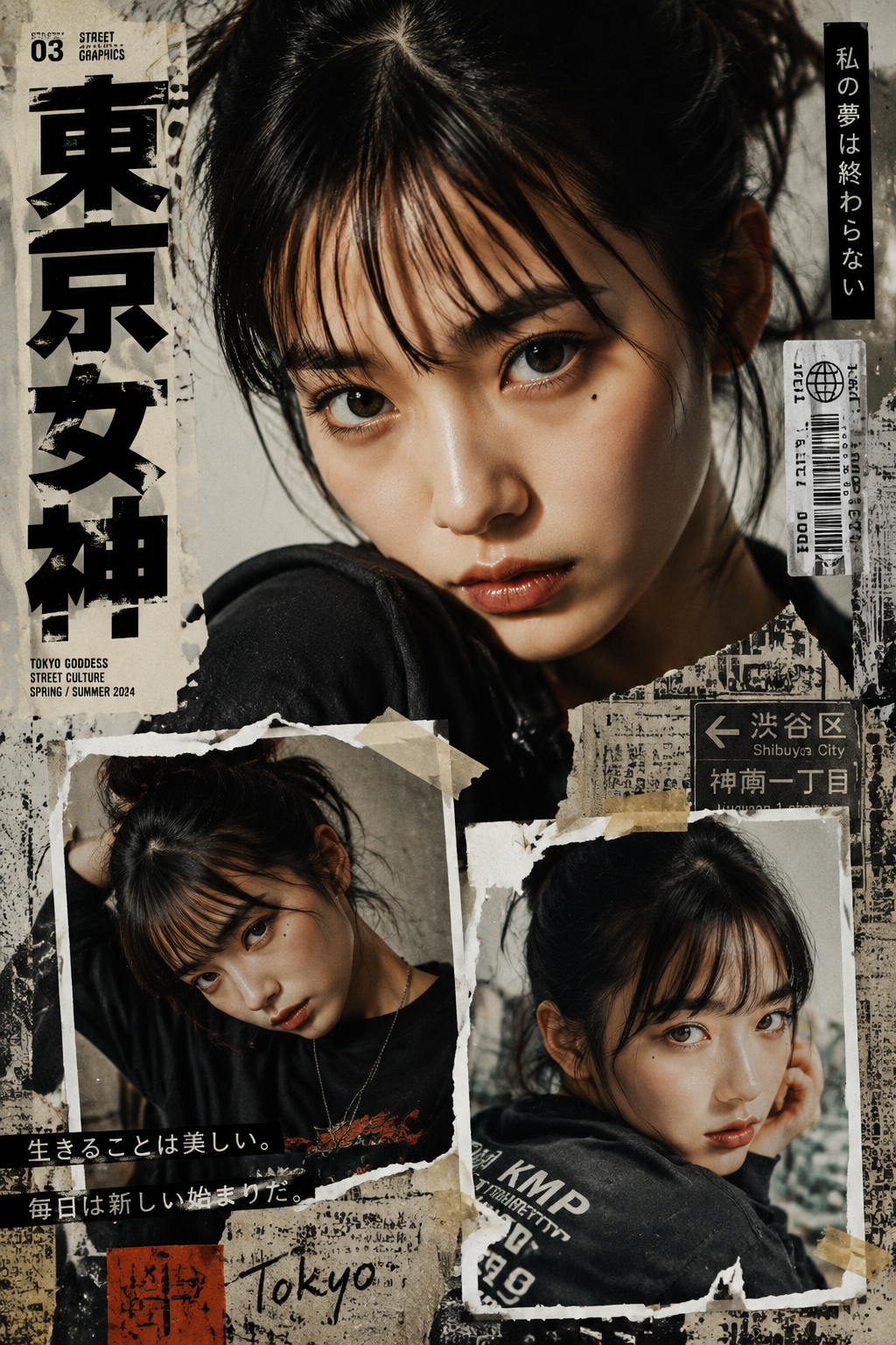 Create a bold Y2K Japanese street-editorial collage poster w