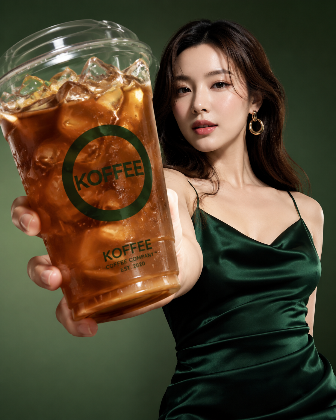 一张高端[咖啡饮品]商业广告大片，[一位韩国网红美女]穿着[墨绿色缎面时尚吊带裙]，妆容为[精致清透的韩式妆容]，配饰为