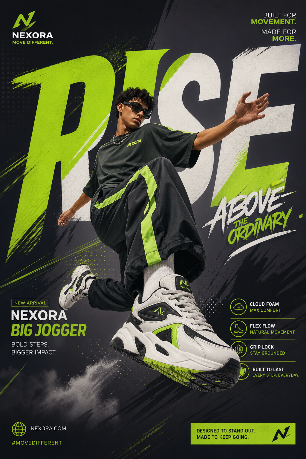Generate a perfectly graphic designed poster of Shoe adverti
