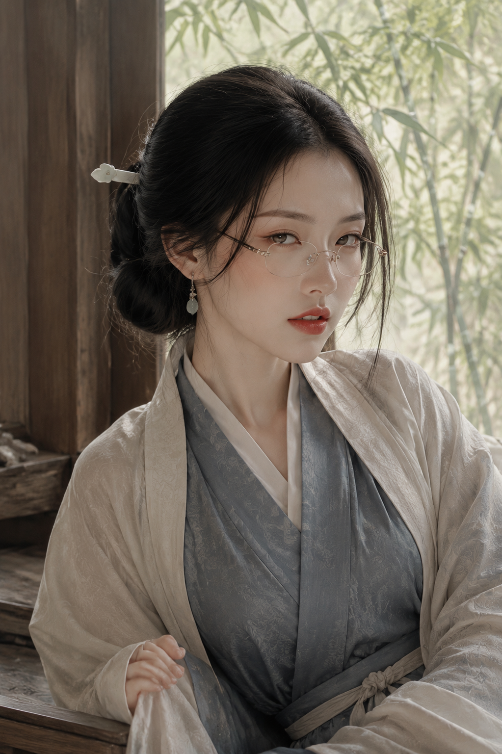 写实人像摄影,竖幅;成年东亚女性,白皙细腻真实皮肤;长发,宋制低髻,几缕碎发自然落在脸侧;{argument name=