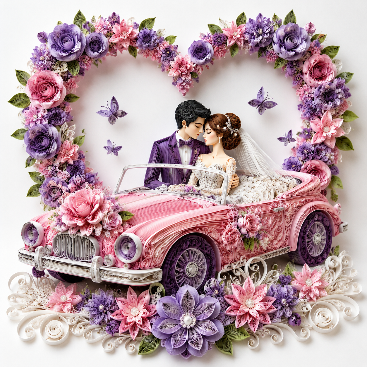 一件高细节的 3D 纸卷艺术作品,描绘了坐在敞篷 {argument name="car style" default=