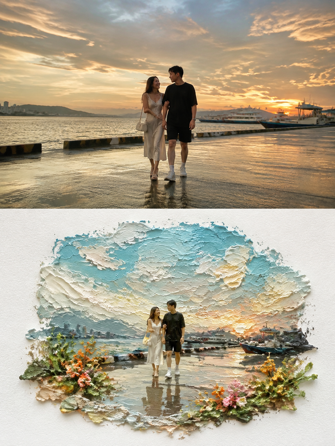 创作一幅采用严格 3:4 竖版格式的高端艺术海报。将画布水平分割成两个完全相等的半幅(高度比为 1:1),每个半幅各占