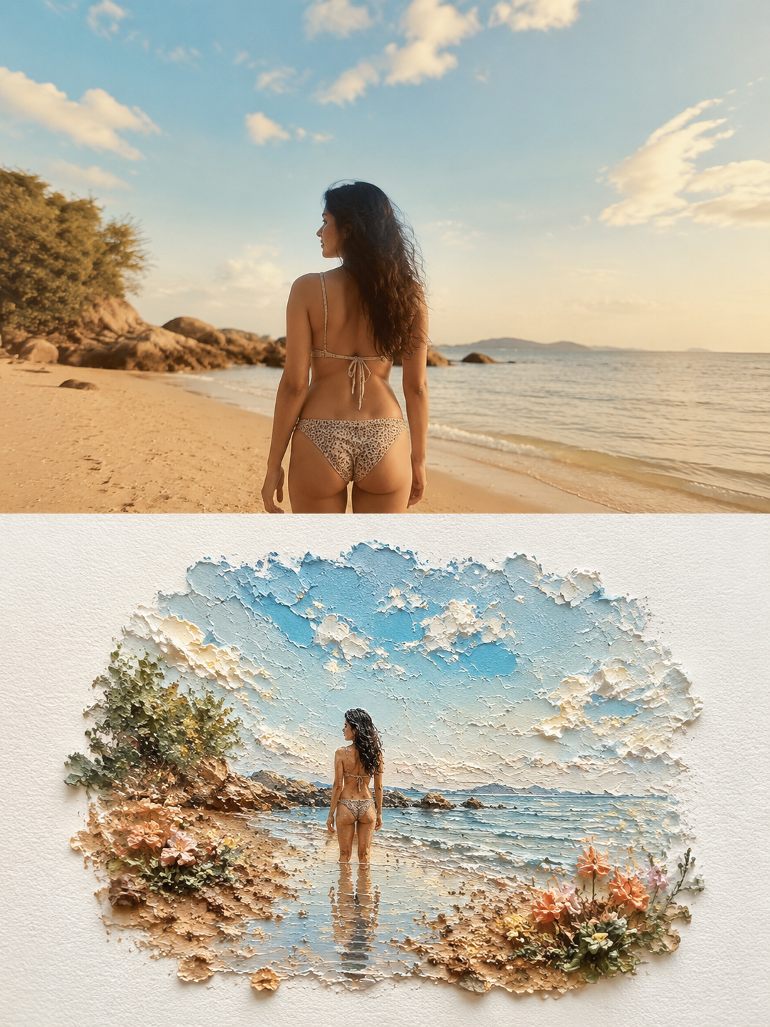 创作一幅采用严格 3:4 竖版格式的高端艺术海报。将画布水平分割成两个完全相等的半幅(高度比为 1:1),每个半幅各占