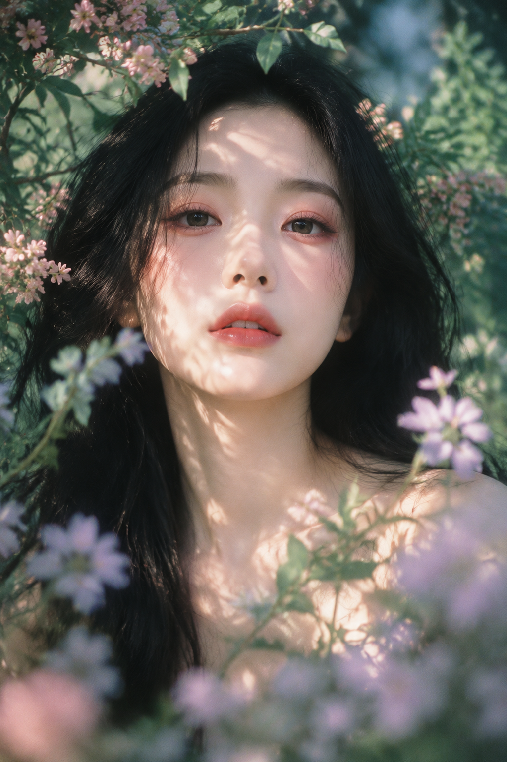 梦幻自然光花园人像,柔焦胶片质感,竖 幅近距离肖豪构图;年轻女性,缪斯般的 面庞,黑色长发蓬松微乱,面部居中偏上 作为主
